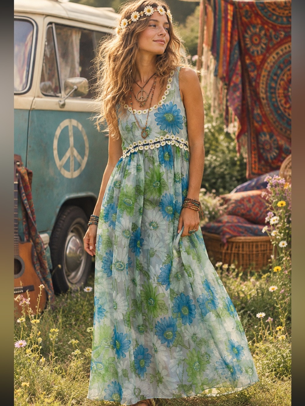 Vintage 60s 70s Daisy Trim Empire Waist Blue Green Floral Boho Maxi Dress - S